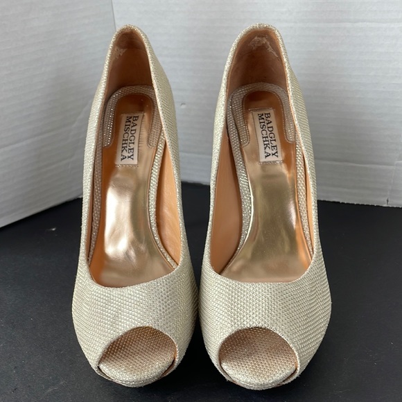 Badgley Mischka Heel Pump Peep Toe Gold Party Holiday - Picture 3 of 9